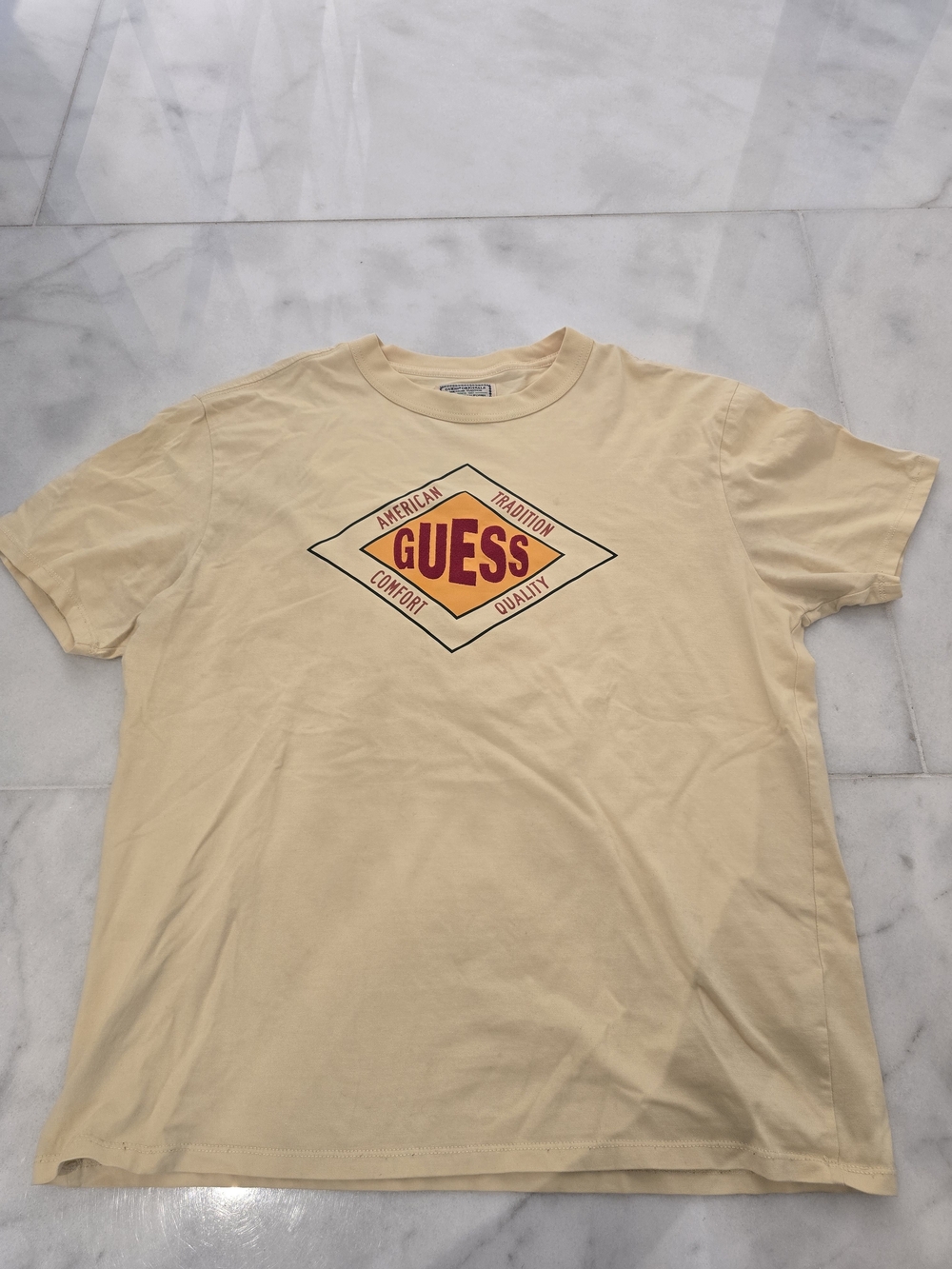 GUESS Men's Cream Short-Sleeve Logo Tee with Orange Accent